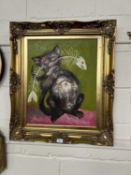 20th Century school study of a cat with a fish skeleton, oil on canvas, gilt framed