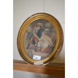 19th Century coloured print of a young couple set in an oval gilt frame