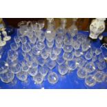 Large collection of modern clear drinking glasses and decanters to include silver collared example