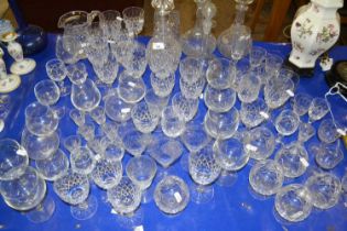Large collection of modern clear drinking glasses and decanters to include silver collared example