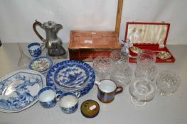 Mixed Lot: Glass tumblers, silver plated spoons, various ceramics, pewter teapot etc
