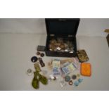 Box of various assorted world coinage, assorted heavily used bank notes etc