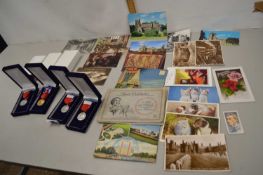 Collection of modern French boxed medallions together with assorted postcards, albums of cigarette