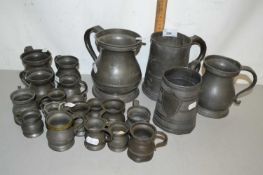 Collection of various small pewter measures plus further tankard