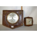 Mixed Lot: Aneroid barometer in leather and brass studded frame together with a further oak cased