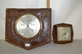 Mixed Lot: Aneroid barometer in leather and brass studded frame together with a further oak cased