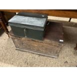 19th Century hardwood blanket box or tool chest together with a further small metal deed box (2)