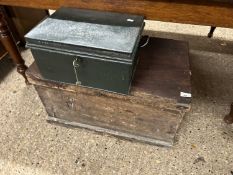 19th Century hardwood blanket box or tool chest together with a further small metal deed box (2)