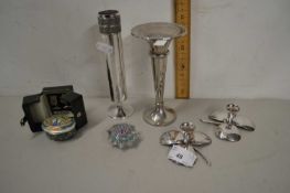 Mixed Lot: Silver plated vases, leaf formed candlesticks, paperweight, modern pill box and cased