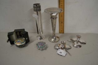 Mixed Lot: Silver plated vases, leaf formed candlesticks, paperweight, modern pill box and cased