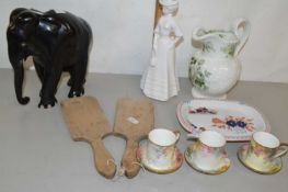 Mixed Lot: Ebony elephant, Spode figurine, Royal Doulton coffee cans and saucers and other