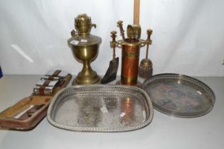 Mixed Lot: Brass based oil lamp, fire companion set, silver plated trays and a vanity set