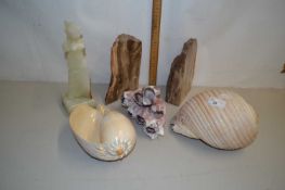 Mixed Lot: Polished seashells, onyx figure, sections of petrified wood etc