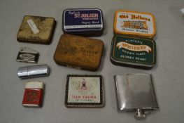 Collection of various vintage tobacco tins, cigarette lighters etc