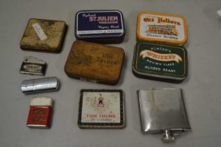 Collection of various vintage tobacco tins, cigarette lighters etc