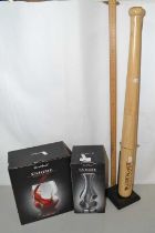 Mixed Lot: A King Pepper baseball bat and stand together with Enigme wine glasses and carafe