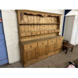 Large 20th Century pine kitchen dresser, 216cm wide