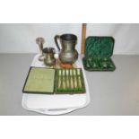 Tray of mixed items to include cased cutlery, silver plated jugs etc