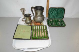 Tray of mixed items to include cased cutlery, silver plated jugs etc