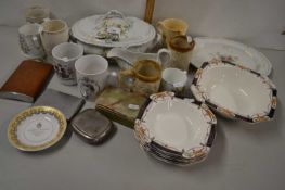 Mixed Lot: Various royal commemorative mugs, modern hip flask, cigarette cases, assorted ceramics