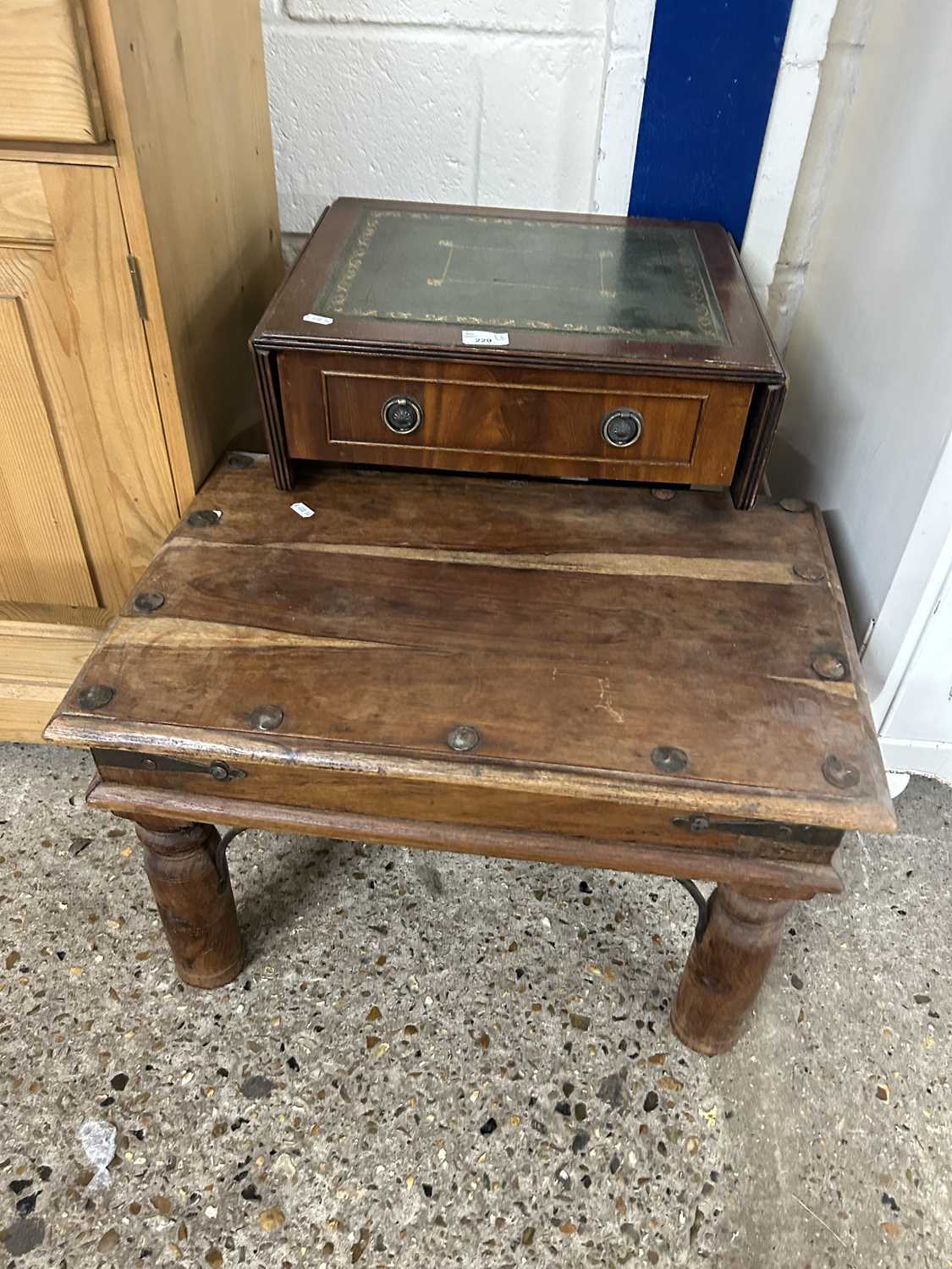 Modern hardwood coffee table together with a small drop leaf occasional table (2)