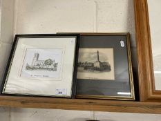 Coloured print of St Margarets Church Ormesby together with a further engraving Hardleigh Cross,