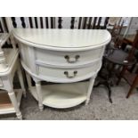 Cream finish demi lune hall table with two drawers