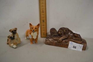 Mixed Lot: Two Beswick model dogs and a carved softwood reproduction of the Medici Lion