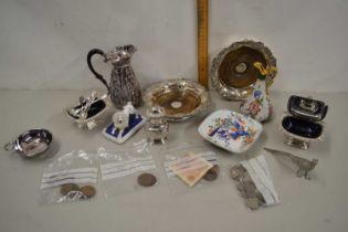 Box of mixed items to include silver plated bottle stands, various cruet items, assorted coinage and