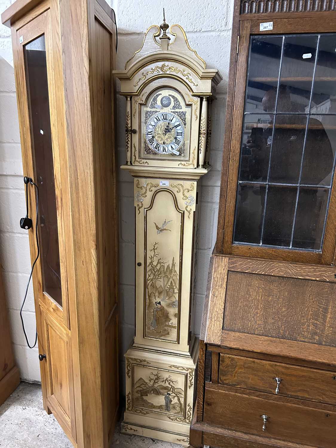 20th Century grandmother clock set in a cream painted chinoiserie type case