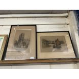 Henry Walker two etchings Ilfracombe Harbour and Westminster Abbey, framed and glazed (2)