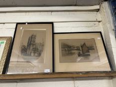 Henry Walker two etchings Ilfracombe Harbour and Westminster Abbey, framed and glazed (2)