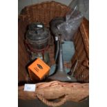 Wicker hamper, quantity of oil lamps and other items