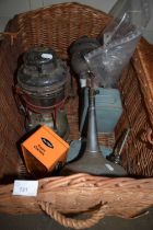 Wicker hamper, quantity of oil lamps and other items
