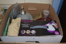 Mixed Lot: Handheld steamer, table lamp with frosted glass shade etc