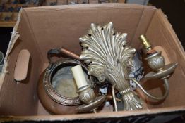 Copper kettle, two branch wall sconce etc