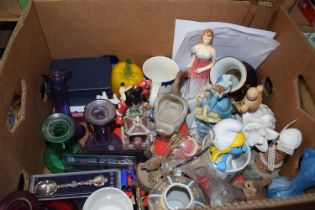 Mixed Lot: Coloured glass candlesticks, ceramic figurines, and other items