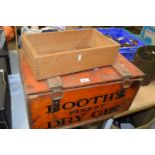 A Booths storage box and wooden filing tray