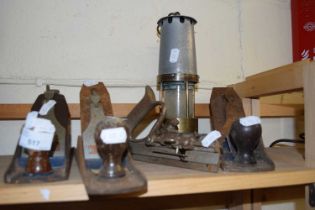 Quantity of assorted woodworking tools and a small paraffin lamp