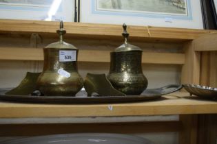 Assorted metal wares to include two Eastern jars and covers, white metal tray etc