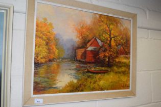 Coloured print riverside cottage