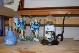 Mixed Lot: Model of a Kingfisher in glass dome, small Jasper ware salt and a pair of modelled