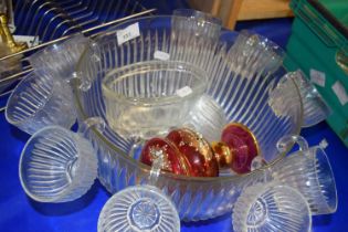 Glass punch bowl, jelly mould and cranberry glass and gilt decorated vase and cover