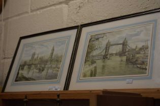 Views of Parliament and Tower Bridge, framed and glazed (2)