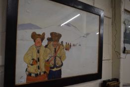 Ural figures in a snowy landscape, framed and glazed