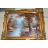 River through woodland, oil on canvas in gilt frame