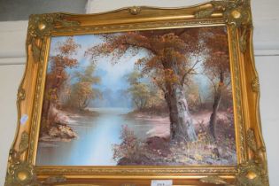 River through woodland, oil on canvas in gilt frame