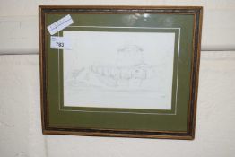 Pencil sketch of a castle initialled CEB, framed and glazed