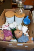 Mixed Lot: Assorted ceramics, mugs, storage jars, glass oil lamp etc