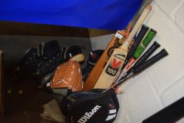Assorted sporting equipment to include inline skates, badminton rackets, baseball gloves, cricket